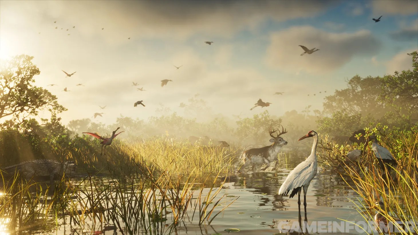 Aves e um veado entre água e vegetação em um screenshot de GTA VI publicado pela Game Informer.