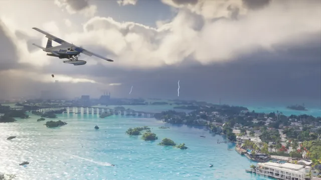 Hidroavião sobre uma costa e uma ponte, com relâmpagos ao fundo, em screenshot publicado pela Game Informer.