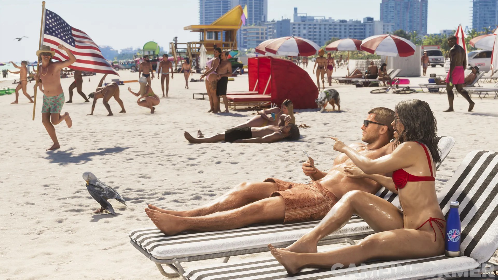 Pessoas na praia entre guarda-sóis e espreguiçadeiras, em screenshot publicado pela Game Informer.