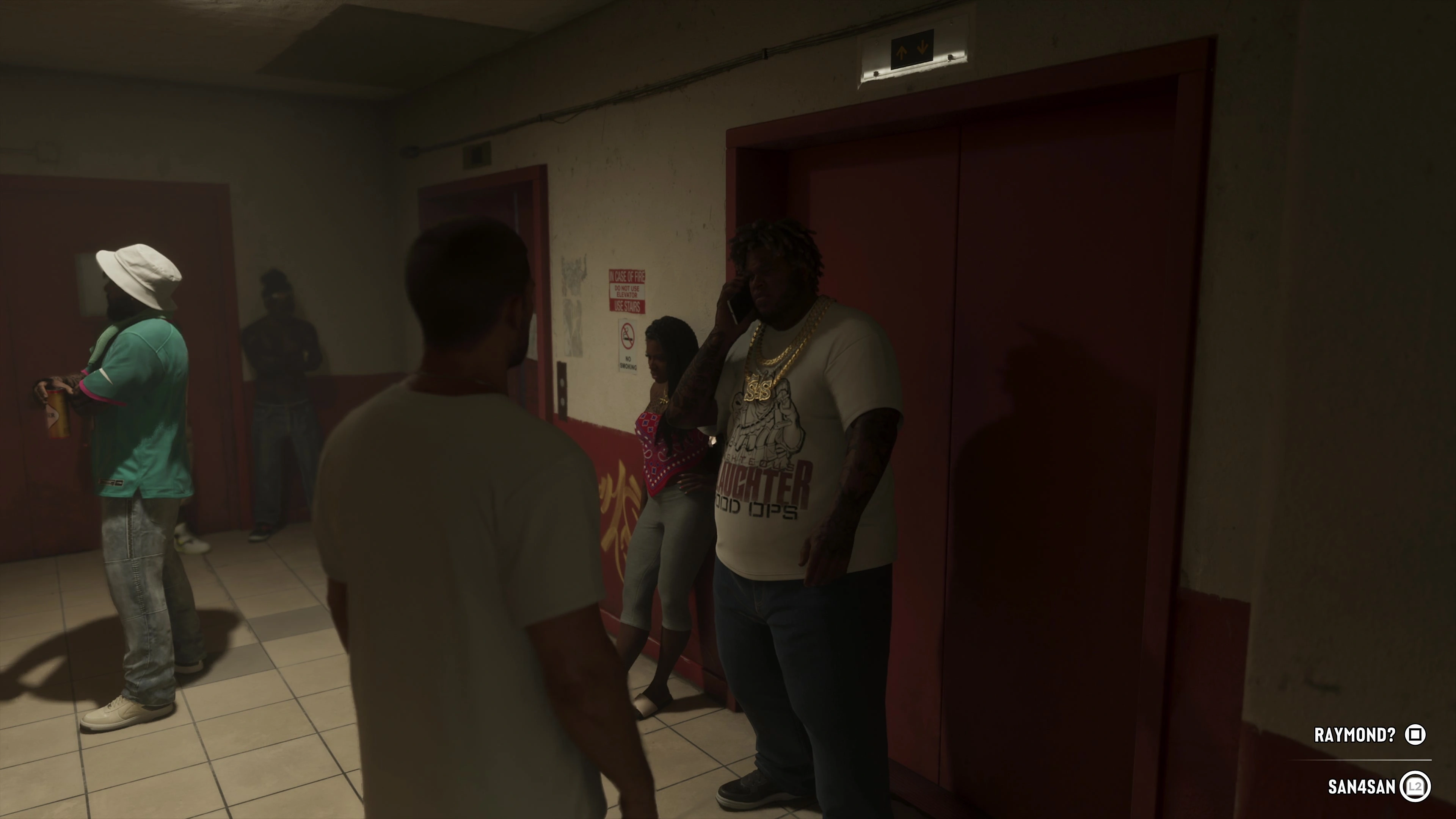 RAYMOND? and SAN4SAN appear as interface text in official footage.