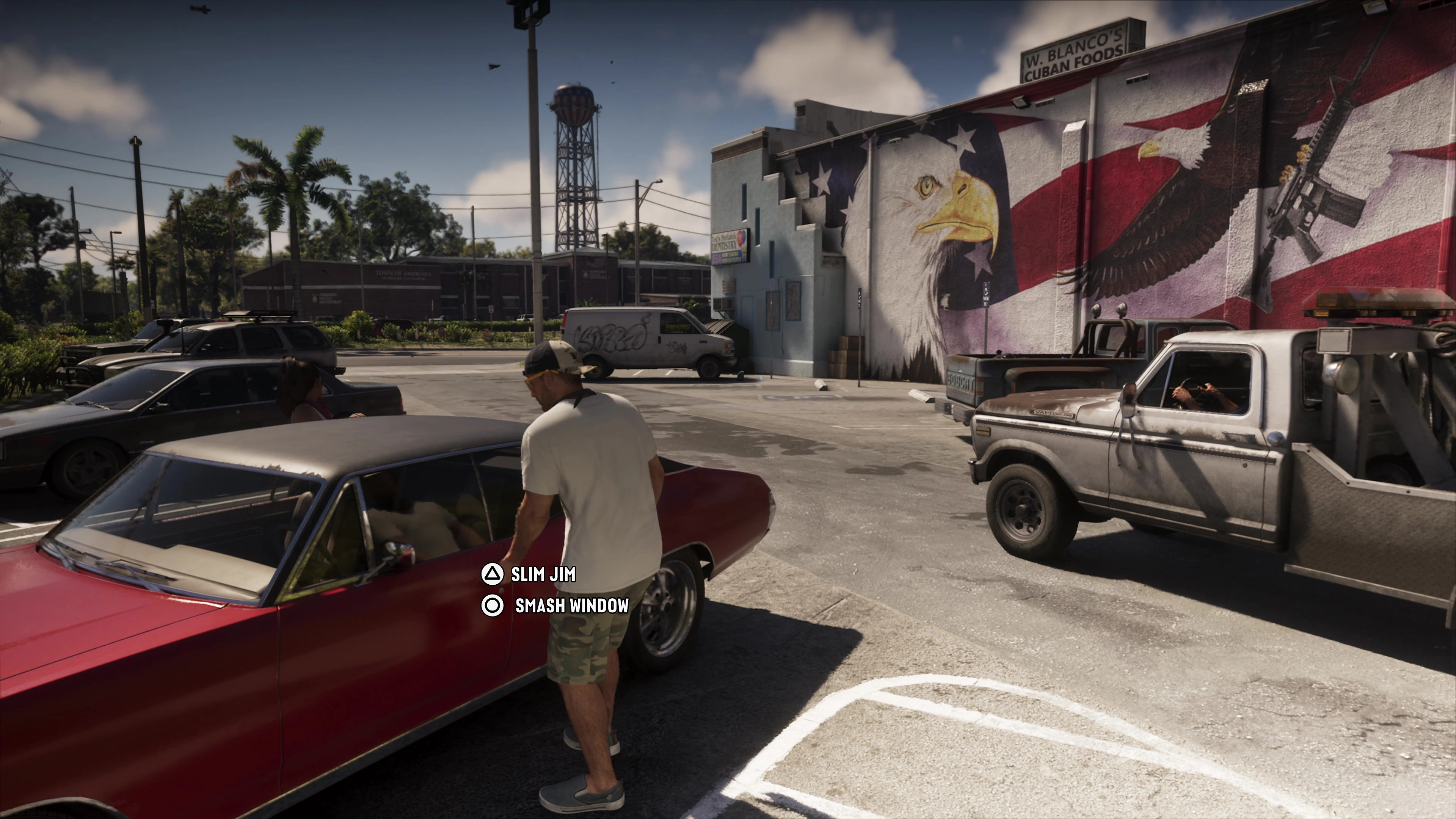 SLIM JIM e SMASH WINDOW aparecem na interface junto à porta de um carro.