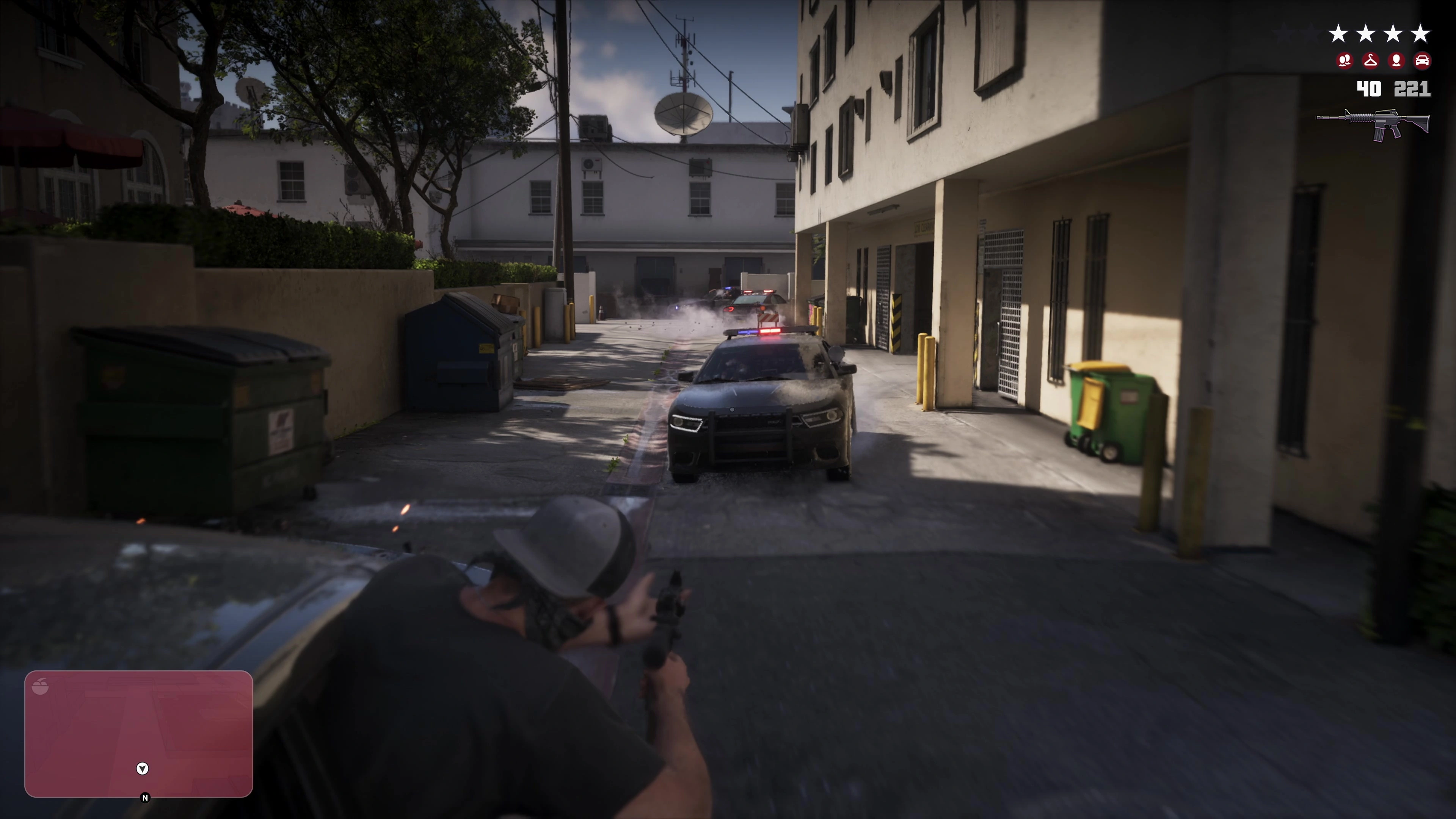 Stars, ammunition, bars and a minimap appear in the HUD.