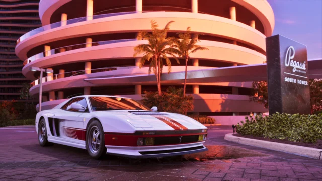 A white Grotti Cheetah with a minimalist, retro-futuristic livery is parked in front of Pegassi.