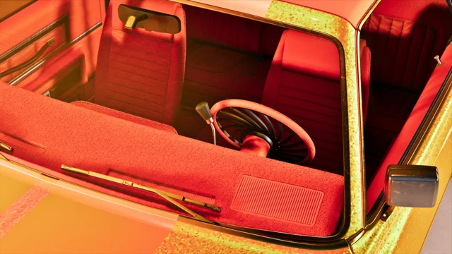 Imagem em plano fechado do para-brisa e interior dianteiro de um veículo personalizado dourado.