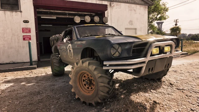O veículo Vapid Dominator Buggy (1967) saindo da garagem Paradise.