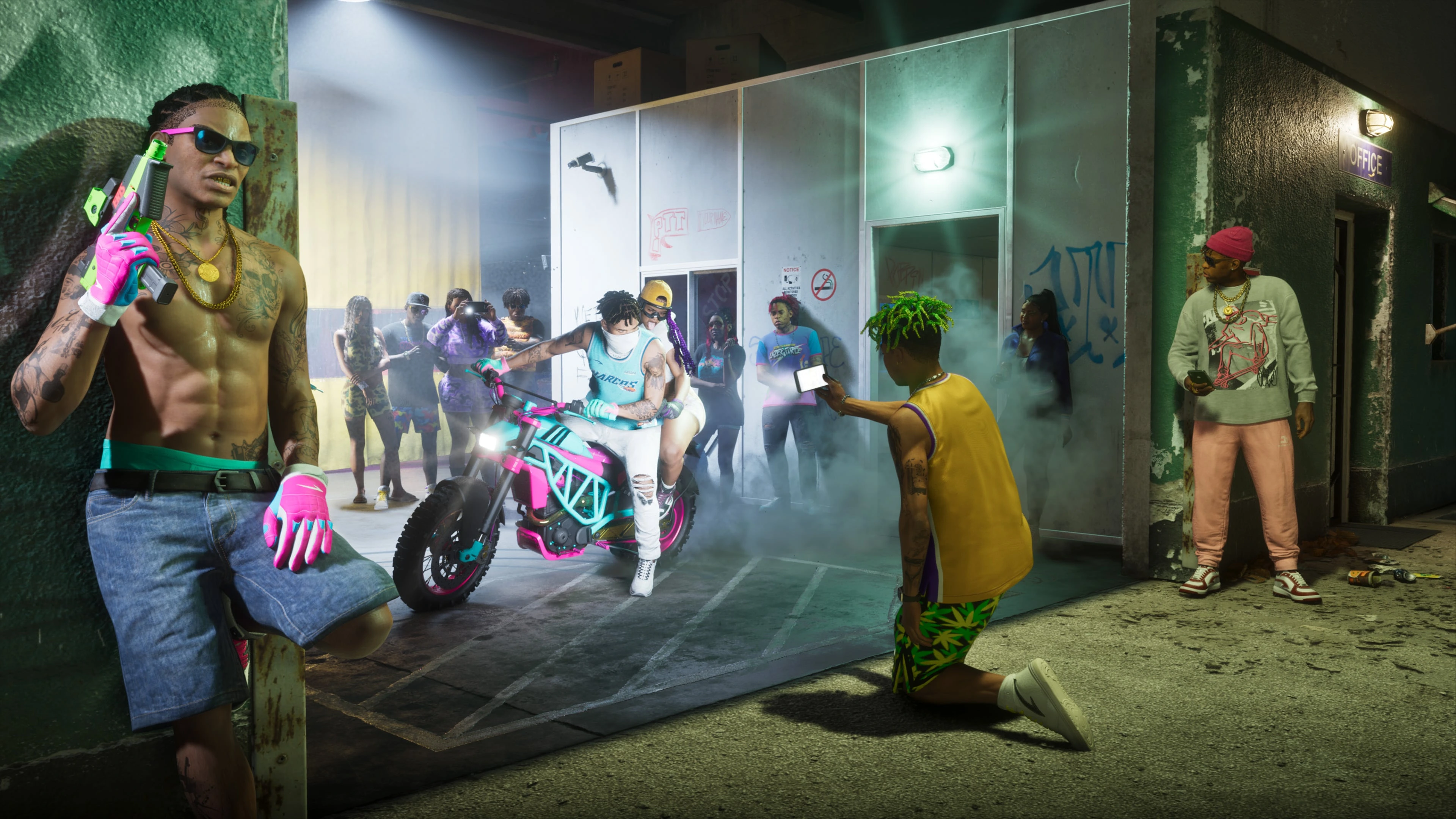 Members of the PTT Youngin$ gathered outside the Illegal Goods Store. Two members on a motorcycle are being recorded by another on their phone.