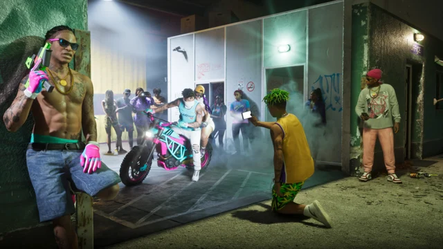 Members of the PTT Youngin$ gathered outside the Illegal Goods Store. Two members on a motorcycle are being recorded by another on their phone.