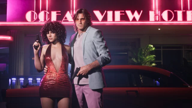 Jason and Lucia standing outside the Ocean View Hotel holding handguns. The '55 Vapid Stanier sedan is behind them.
