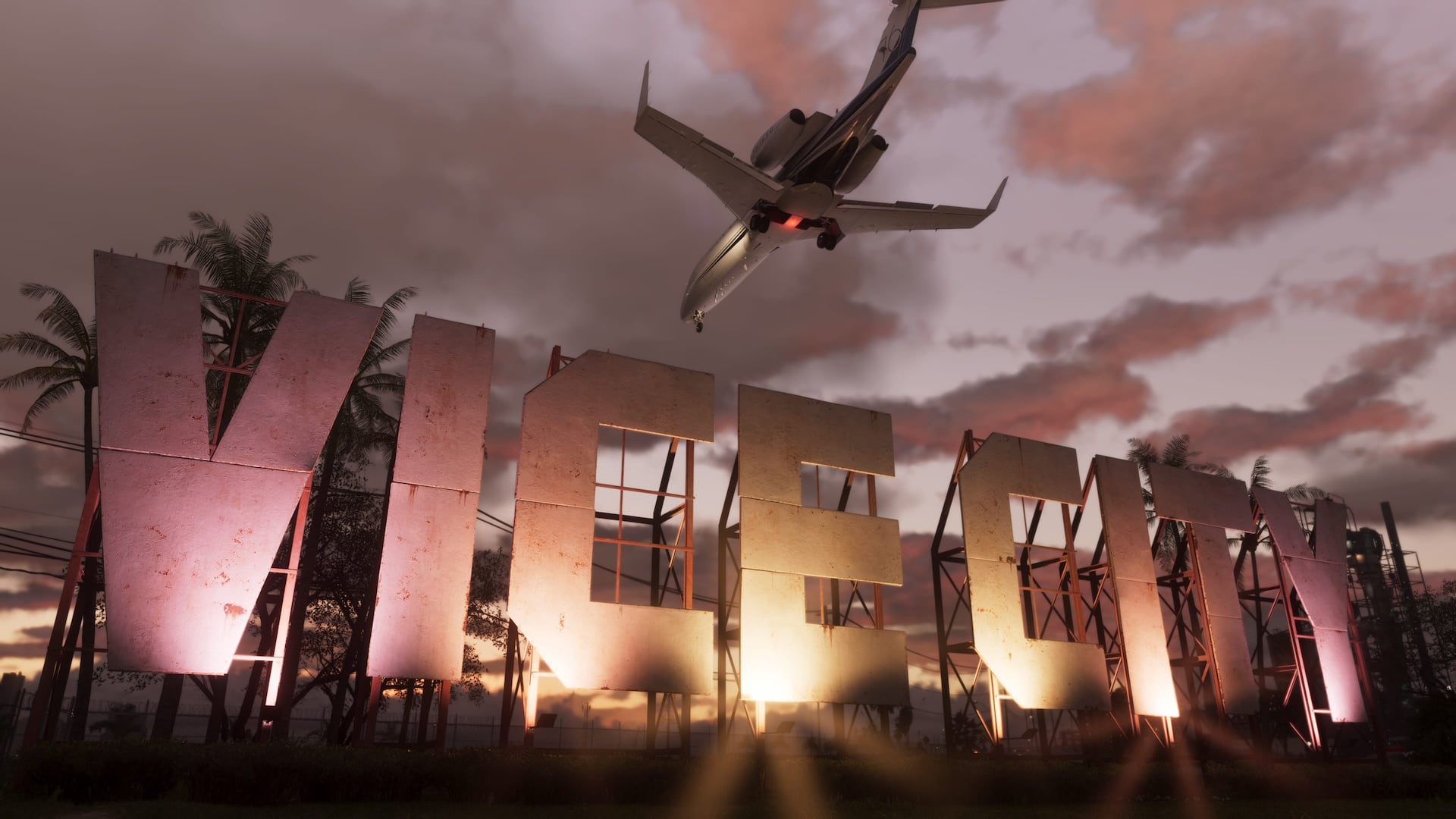 Letreiro oficial de Vice City ao pôr do sol, com um avião ao fundo