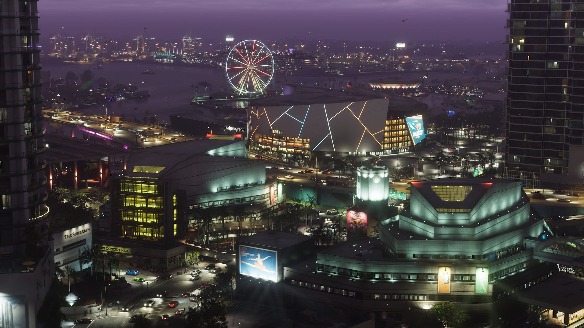 Vista aérea noturna oficial da orla iluminada de Vice City