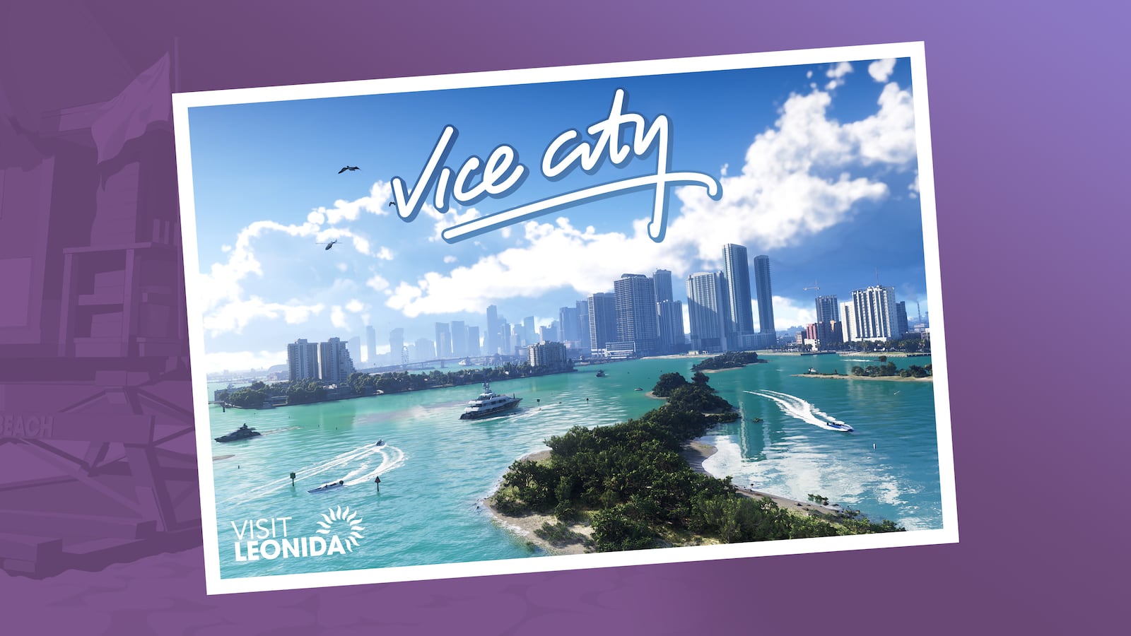 Official Vice City postcard showing the city name, coastline and urban skyline.